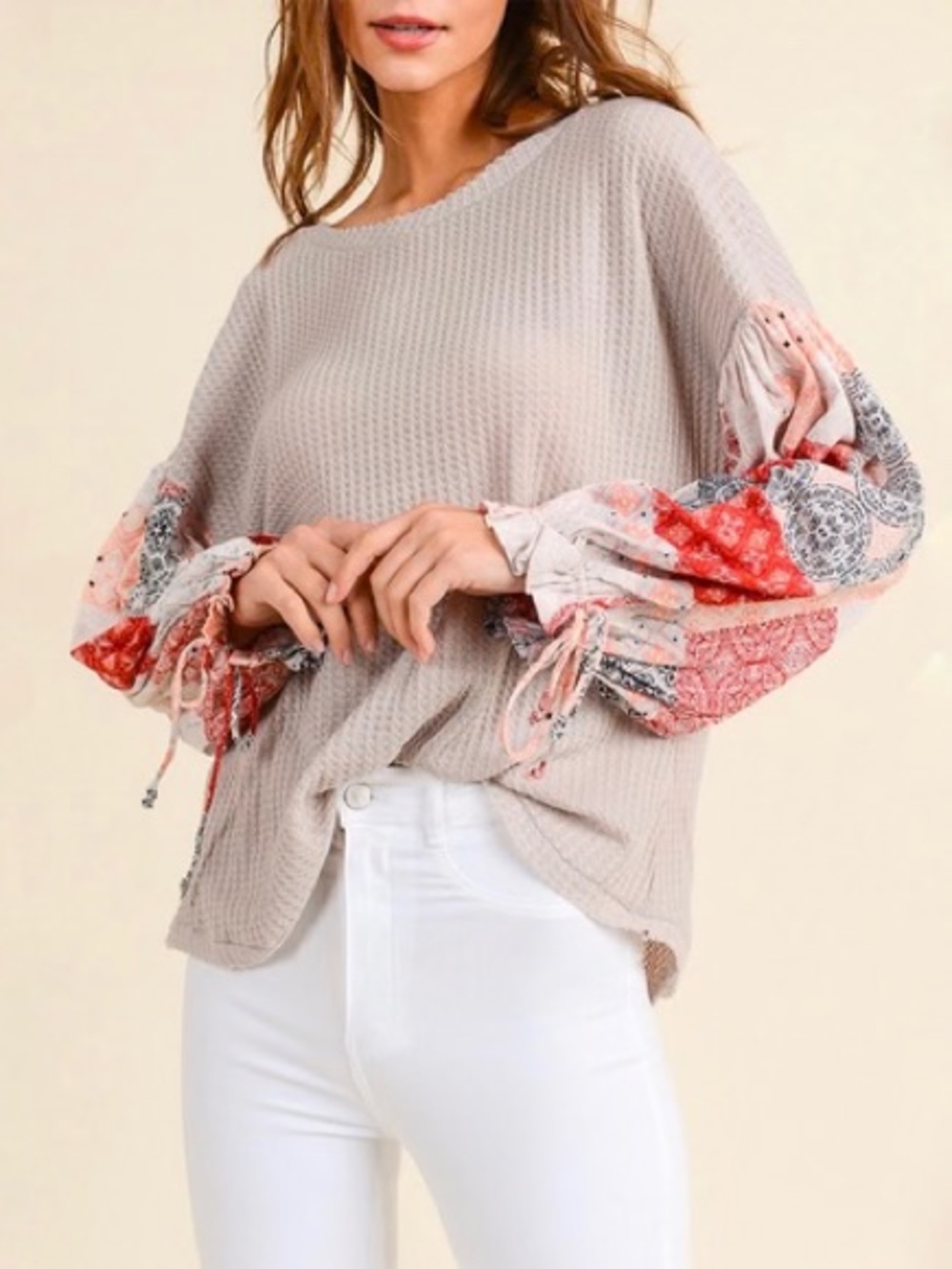In Loom The Way You Move Boho Waffle Knit Patchwork Balloon Sleeve Top - Size M